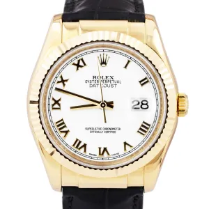 MINT Rolex DateJust 36mm White Roman Numeral 18K Yellow Gold Fluted Watch 116138