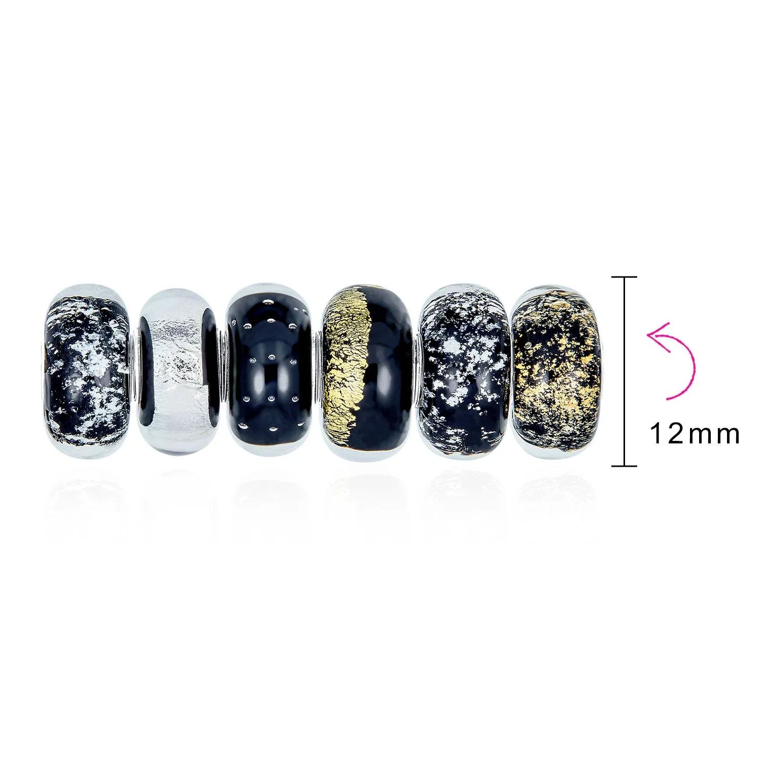 Mixed Set of 6 Murano Glass Charm Beads with Sterling Silver Core for Bracelets