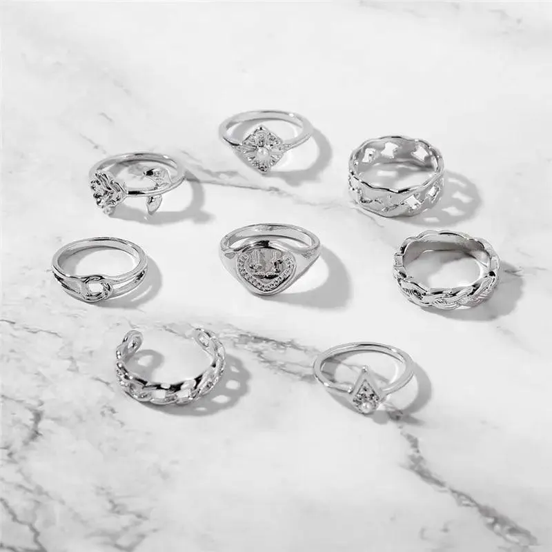 Modern Ring Set for Girls Sterling Chain Moon Rings Set For Ladies And Girls Retro Vintage Style Female Rings Trendy Jewelry Gift