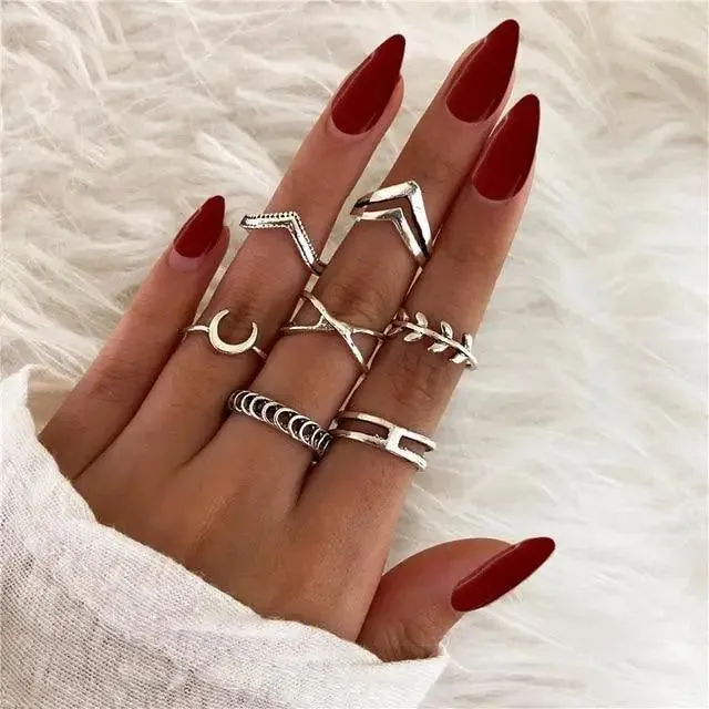 Modern Ring Set for Girls Sterling Chain Moon Rings Set For Ladies And Girls Retro Vintage Style Female Rings Trendy Jewelry Gift