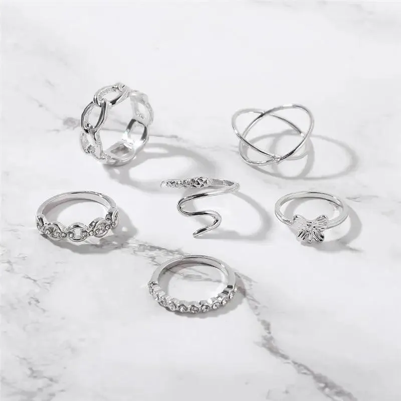 Modern Ring Set for Girls Sterling Chain Moon Rings Set For Ladies And Girls Retro Vintage Style Female Rings Trendy Jewelry Gift
