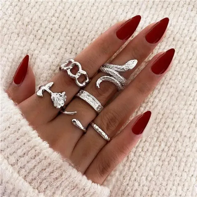 Modern Ring Set for Girls Sterling Chain Moon Rings Set For Ladies And Girls Retro Vintage Style Female Rings Trendy Jewelry Gift