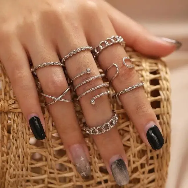 Modern Ring Set for Girls Sterling Chain Moon Rings Set For Ladies And Girls Retro Vintage Style Female Rings Trendy Jewelry Gift