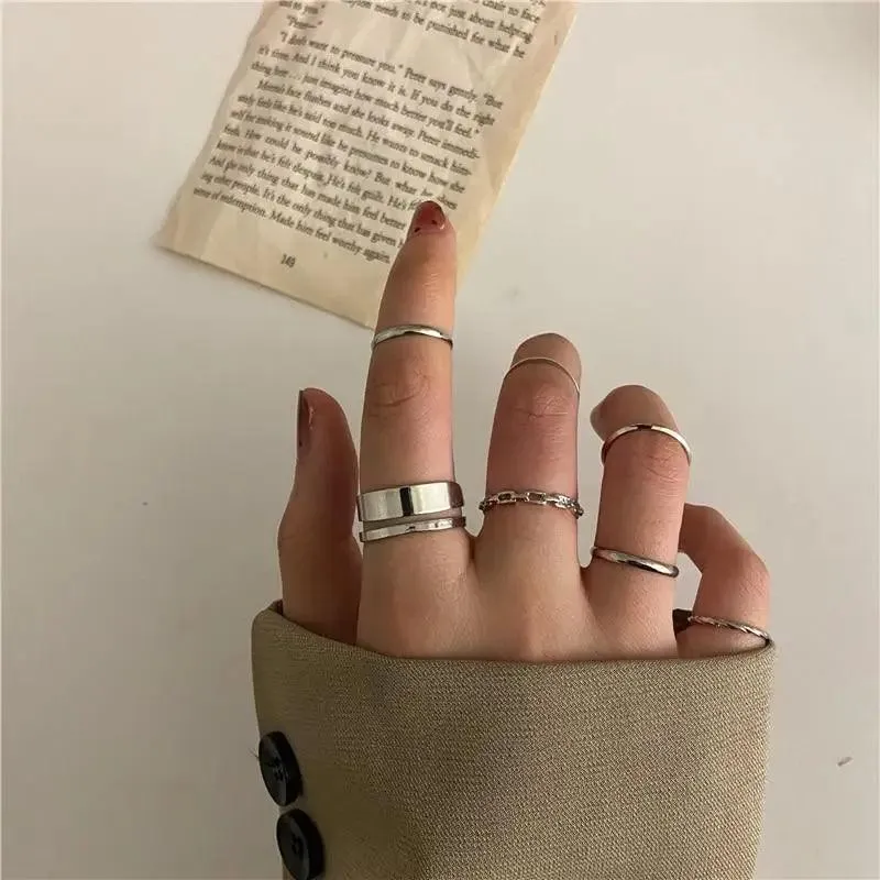 Modern Ring Set for Girls Sterling Chain Moon Rings Set For Ladies And Girls Retro Vintage Style Female Rings Trendy Jewelry Gift