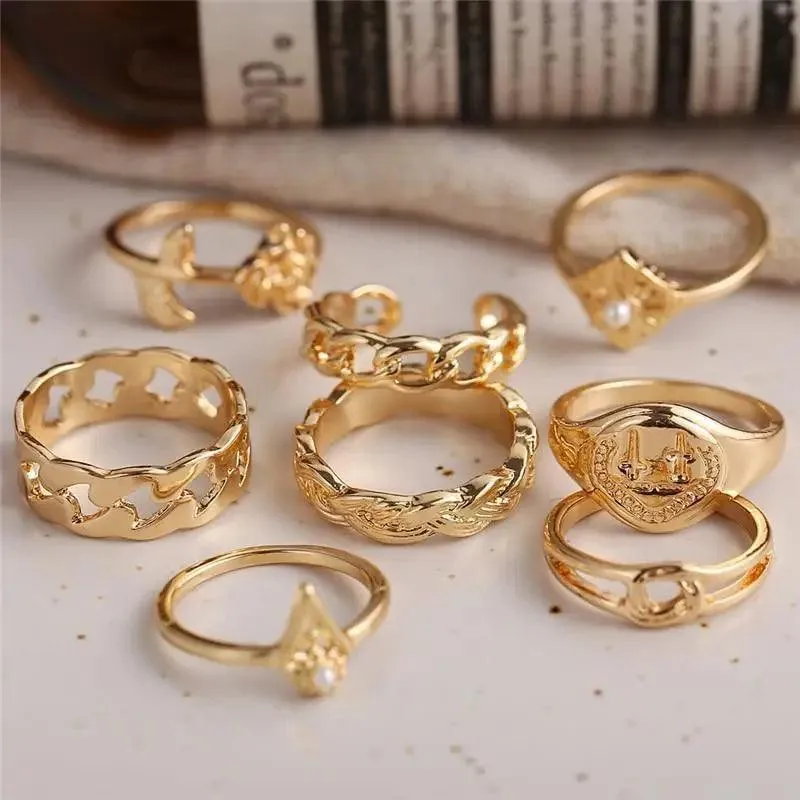 Modern Ring Set for Girls Sterling Chain Moon Rings Set For Ladies And Girls Retro Vintage Style Female Rings Trendy Jewelry Gift