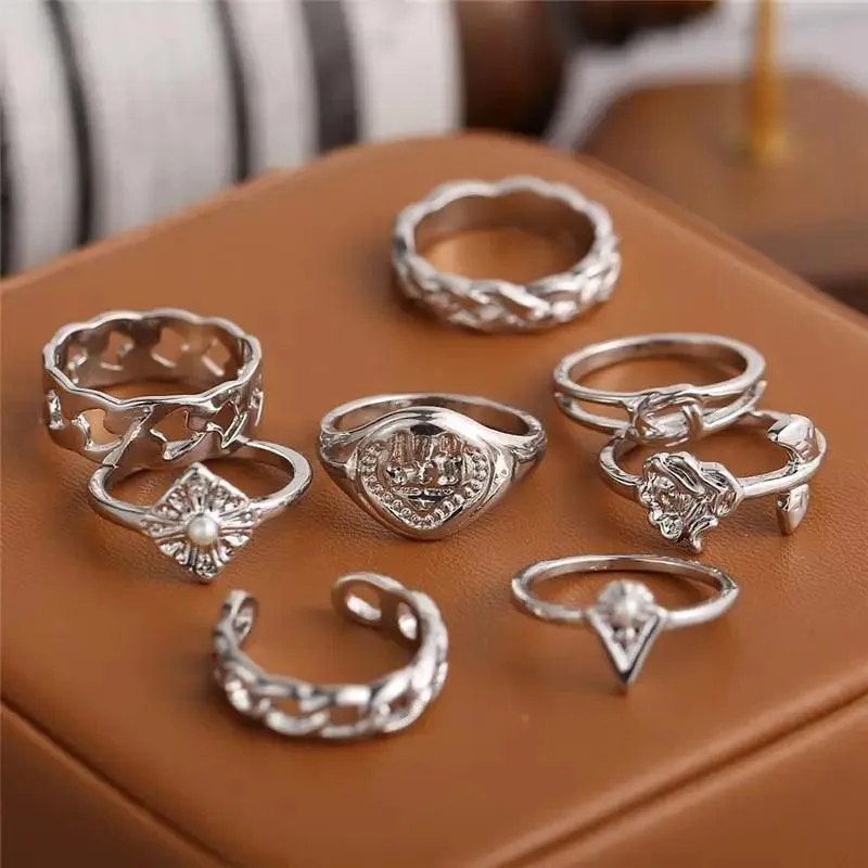 Modern Ring Set for Girls Sterling Chain Moon Rings Set For Ladies And Girls Retro Vintage Style Female Rings Trendy Jewelry Gift