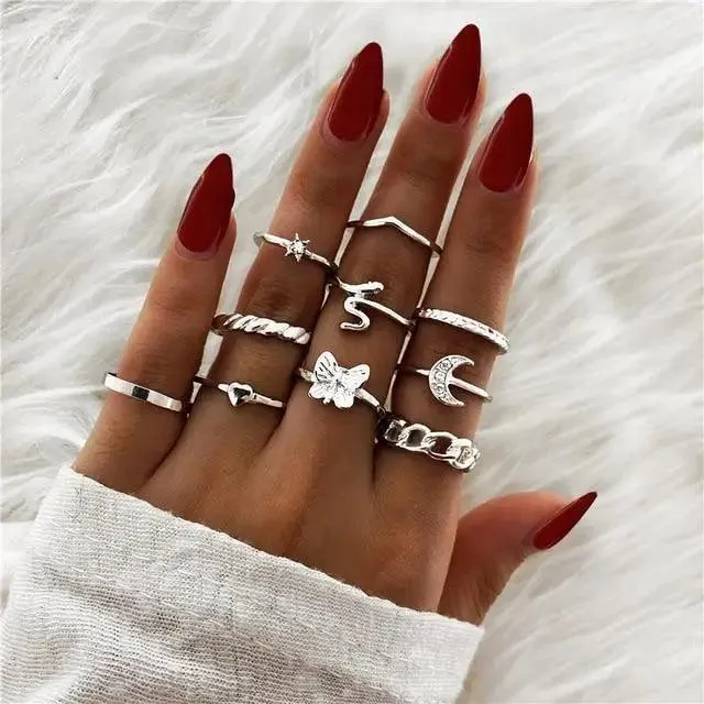 Modern Ring Set for Girls Sterling Chain Moon Rings Set For Ladies And Girls Retro Vintage Style Female Rings Trendy Jewelry Gift