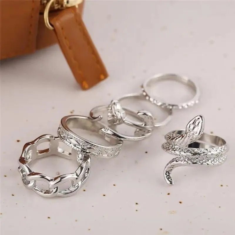 Modern Ring Set for Girls Sterling Chain Moon Rings Set For Ladies And Girls Retro Vintage Style Female Rings Trendy Jewelry Gift