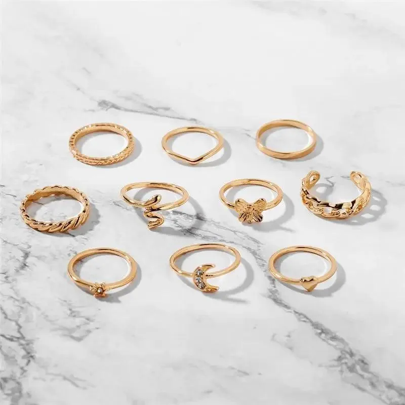 Modern Ring Set for Girls Sterling Chain Moon Rings Set For Ladies And Girls Retro Vintage Style Female Rings Trendy Jewelry Gift