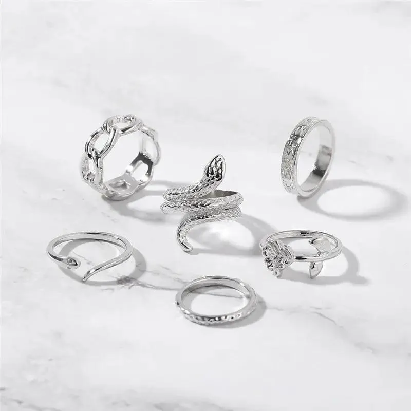 Modern Ring Set for Girls Sterling Chain Moon Rings Set For Ladies And Girls Retro Vintage Style Female Rings Trendy Jewelry Gift