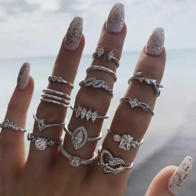 Modern Ring Set for Girls Sterling Chain Moon Rings Set For Ladies And Girls Retro Vintage Style Female Rings Trendy Jewelry Gift