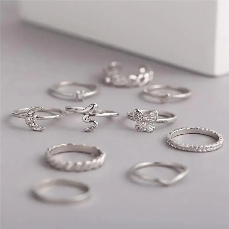 Modern Ring Set for Girls Sterling Chain Moon Rings Set For Ladies And Girls Retro Vintage Style Female Rings Trendy Jewelry Gift
