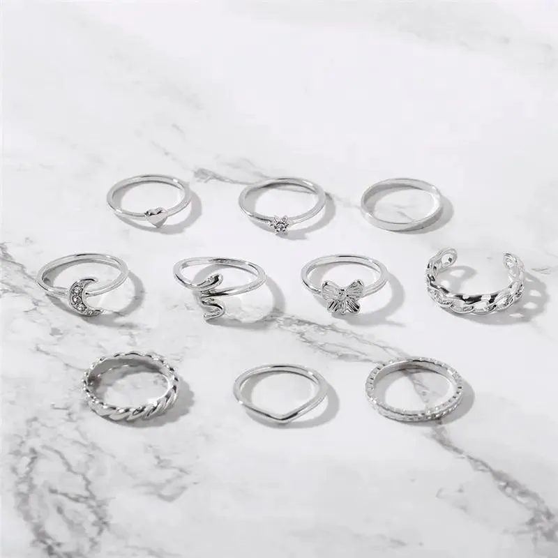 Modern Ring Set for Girls Sterling Chain Moon Rings Set For Ladies And Girls Retro Vintage Style Female Rings Trendy Jewelry Gift