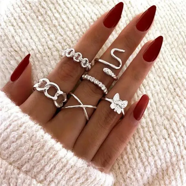 Modern Ring Set for Girls Sterling Chain Moon Rings Set For Ladies And Girls Retro Vintage Style Female Rings Trendy Jewelry Gift