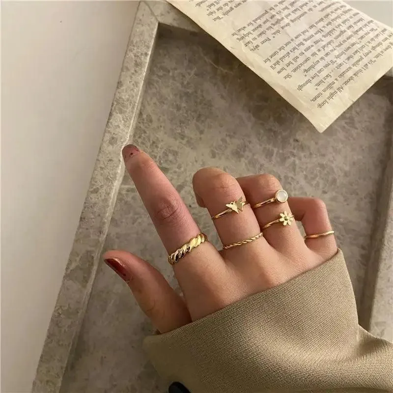 Modern Ring Set for Girls Sterling Chain Moon Rings Set For Ladies And Girls Retro Vintage Style Female Rings Trendy Jewelry Gift