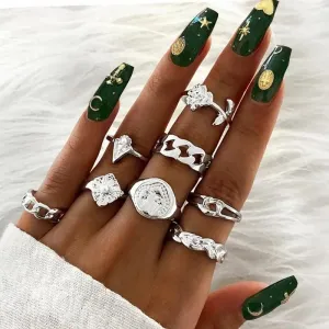 Modern Ring Set for Girls Sterling Chain Moon Rings Set For Ladies And Girls Retro Vintage Style Female Rings Trendy Jewelry Gift