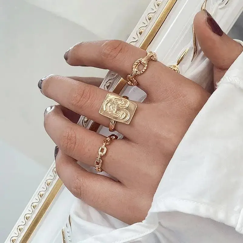 Modern Ring Set for Girls Sterling Chain Moon Rings Set For Ladies And Girls Retro Vintage Style Female Rings Trendy Jewelry Gift