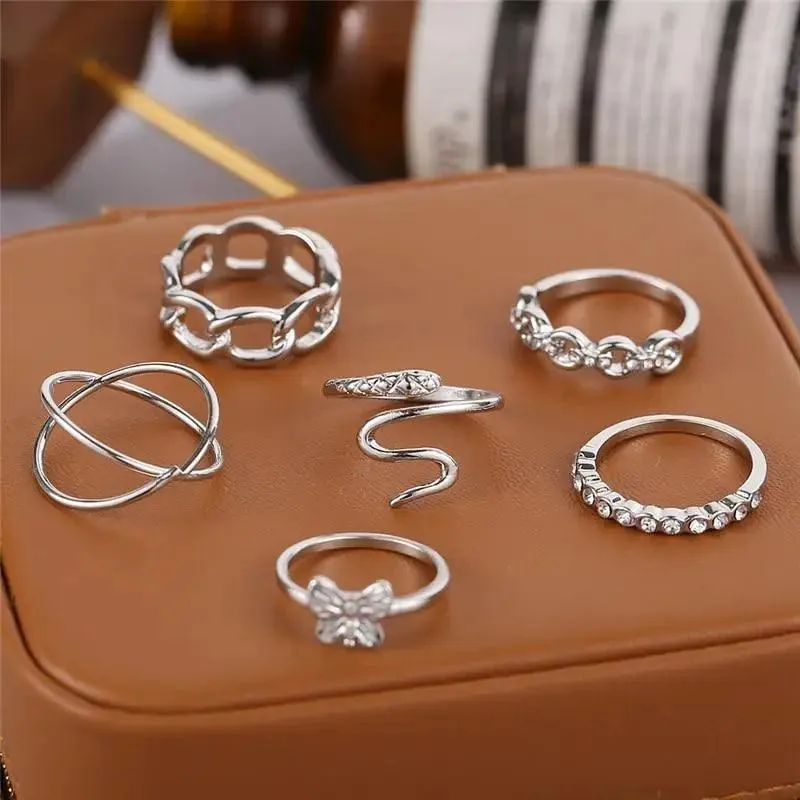Modern Ring Set for Girls Sterling Chain Moon Rings Set For Ladies And Girls Retro Vintage Style Female Rings Trendy Jewelry Gift