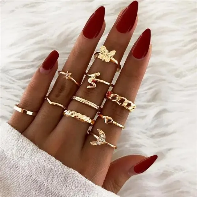 Modern Ring Set for Girls Sterling Chain Moon Rings Set For Ladies And Girls Retro Vintage Style Female Rings Trendy Jewelry Gift