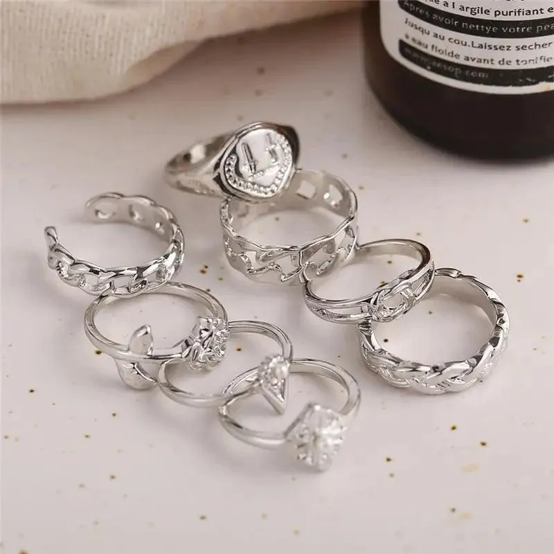 Modern Ring Set for Girls Sterling Chain Moon Rings Set For Ladies And Girls Retro Vintage Style Female Rings Trendy Jewelry Gift