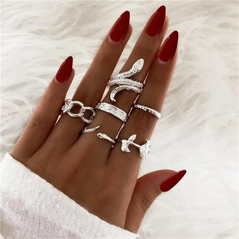 Modern Ring Set for Girls Sterling Chain Moon Rings Set For Ladies And Girls Retro Vintage Style Female Rings Trendy Jewelry Gift