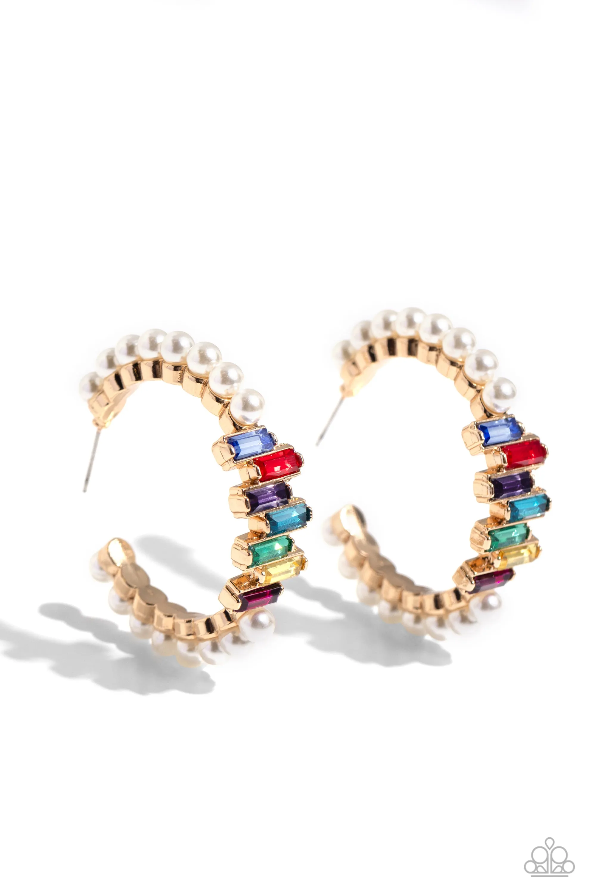 Modest Maven - Gold - White Pearl and Colorful Gem Paparazzi Hoop Earrings