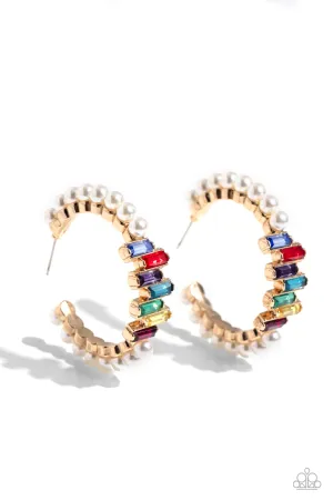 Modest Maven - Gold - White Pearl and Colorful Gem Paparazzi Hoop Earrings