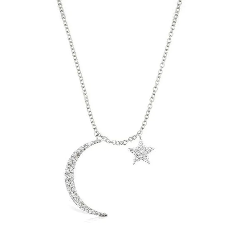 Moon and Star Diamond Necklace White Gold