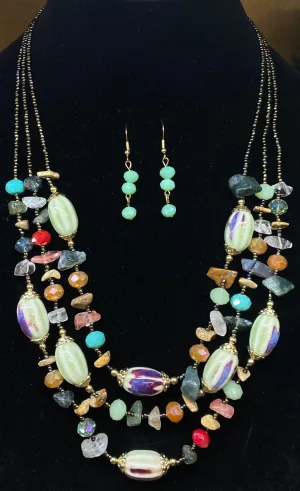 Multi Color Stone & Crystal Necklace Set w/ Earrings