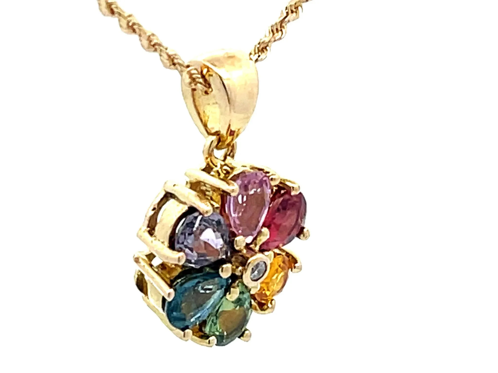 Multi Colored Sapphire and Diamond Flower Pendant and Rope Chain in 14k Gold