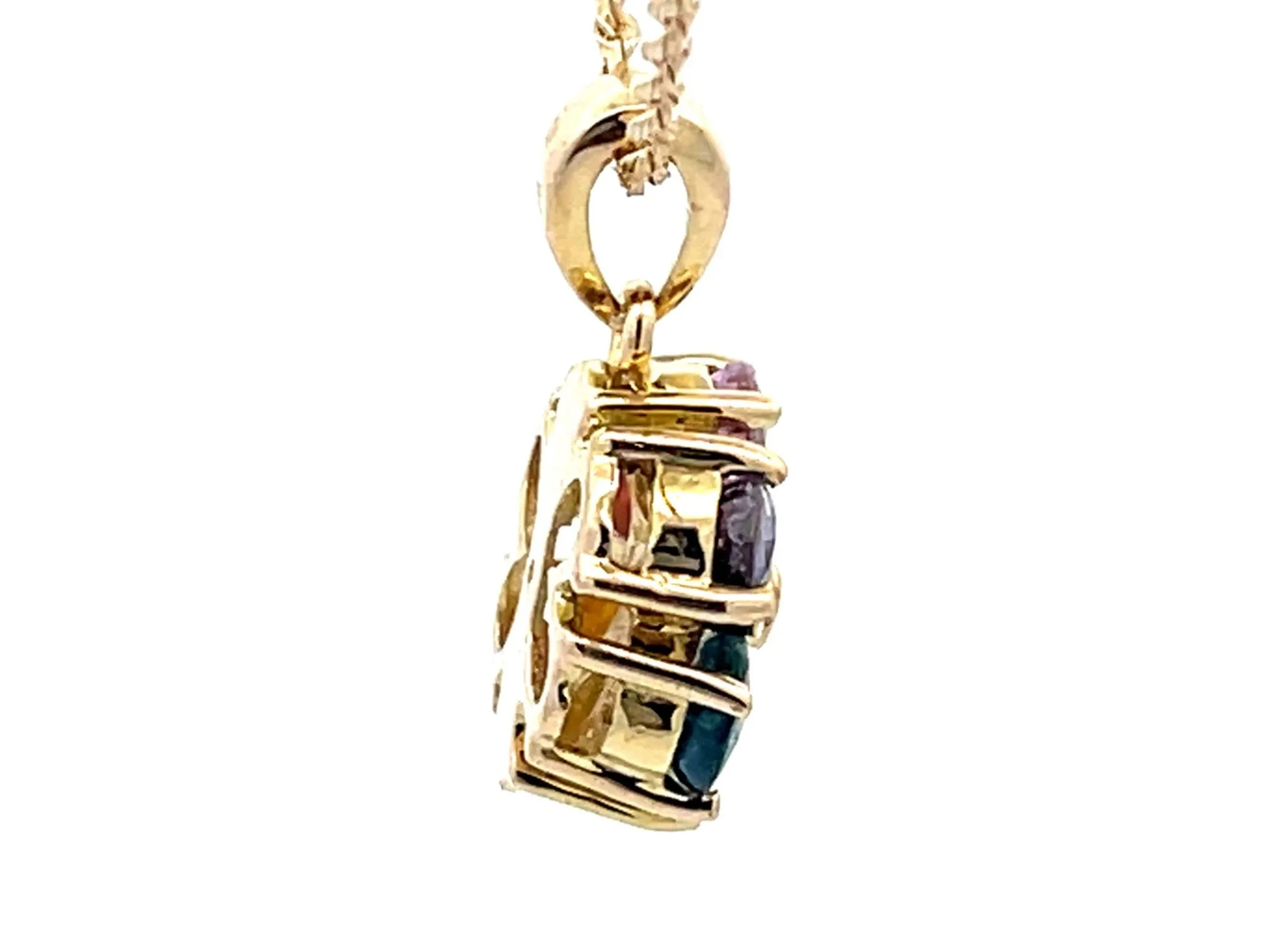 Multi Colored Sapphire and Diamond Flower Pendant and Rope Chain in 14k Gold