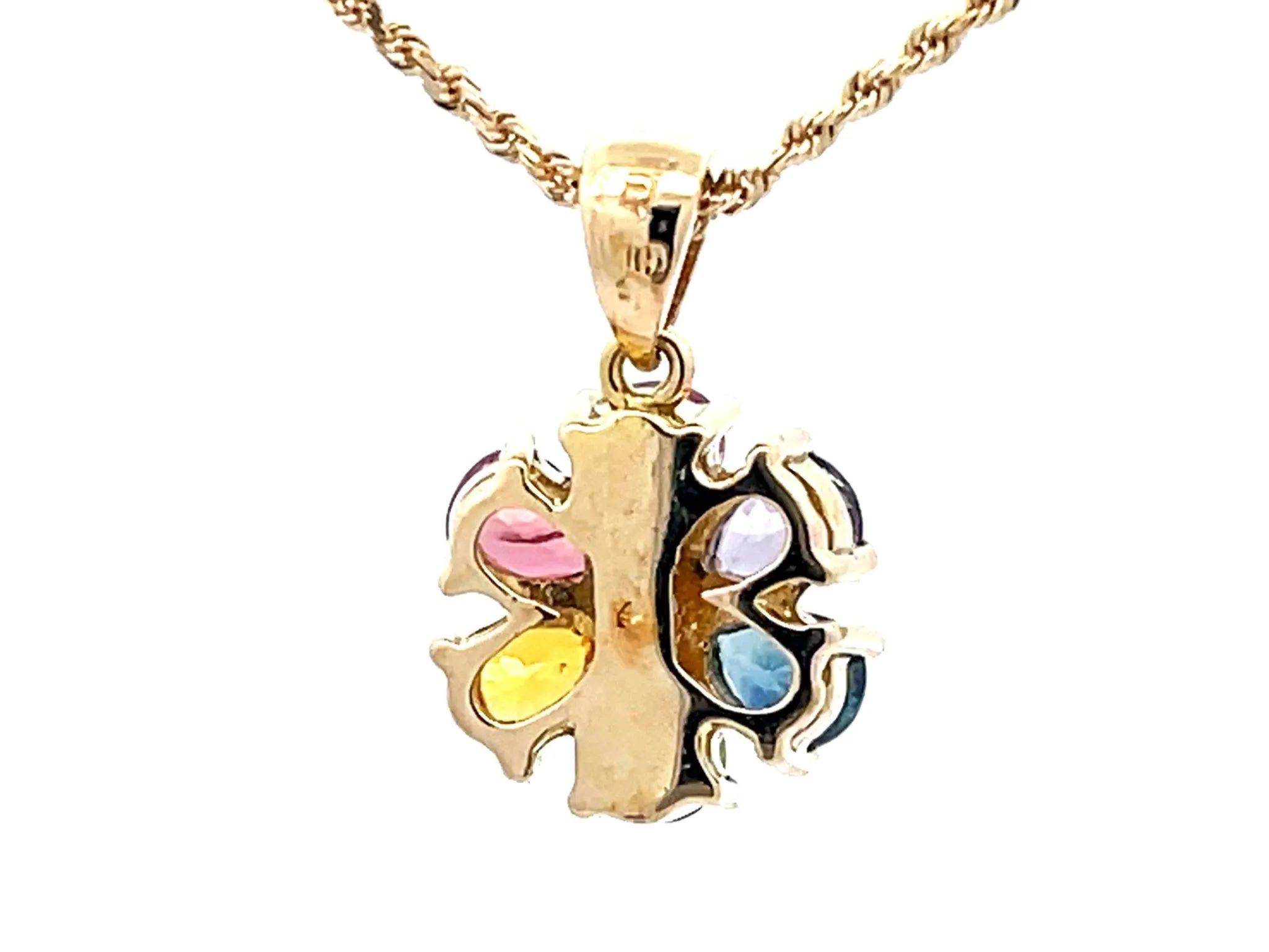 Multi Colored Sapphire and Diamond Flower Pendant and Rope Chain in 14k Gold