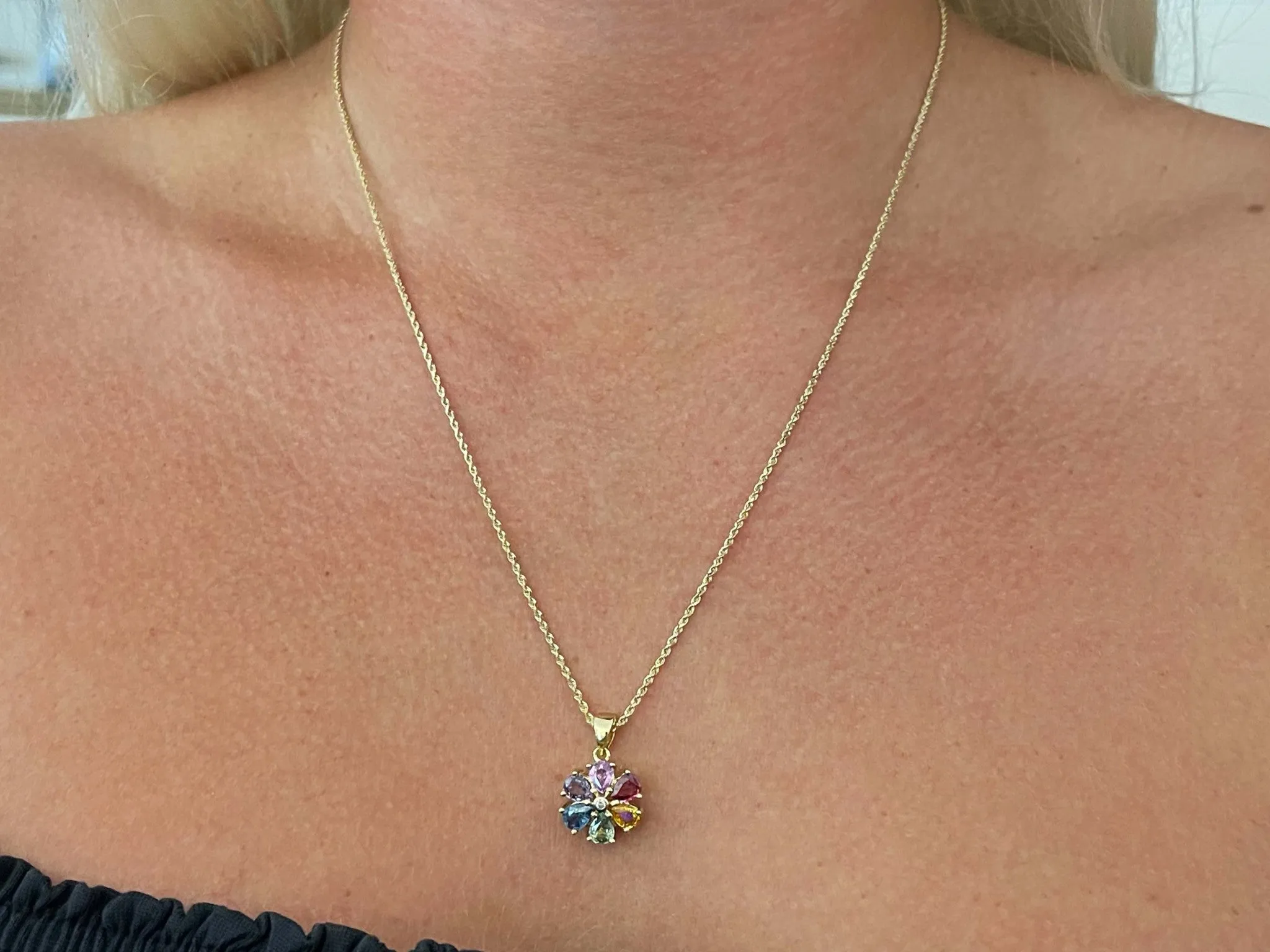 Multi Colored Sapphire and Diamond Flower Pendant and Rope Chain in 14k Gold