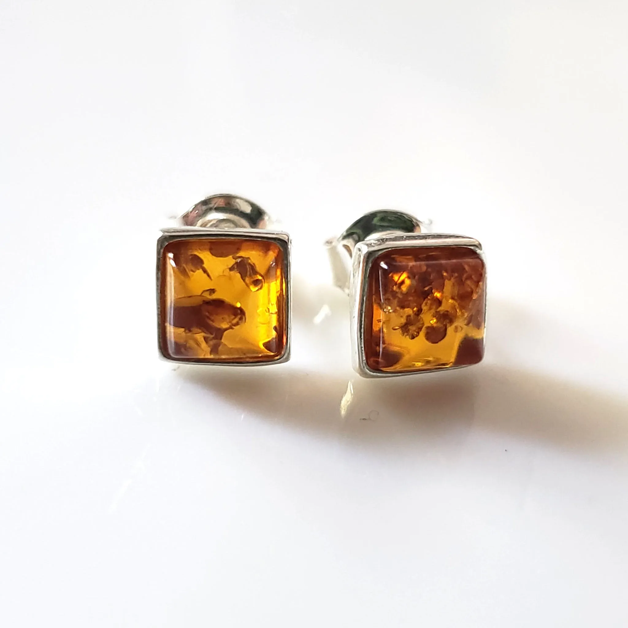 Natural Amber Square Small Stud Earrings in Sterling Silver