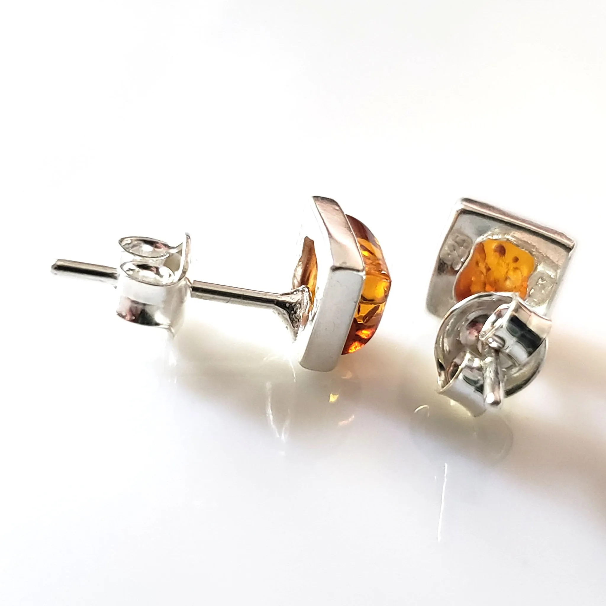 Natural Amber Square Small Stud Earrings in Sterling Silver