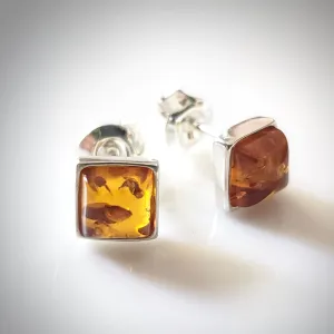 Natural Amber Square Small Stud Earrings in Sterling Silver