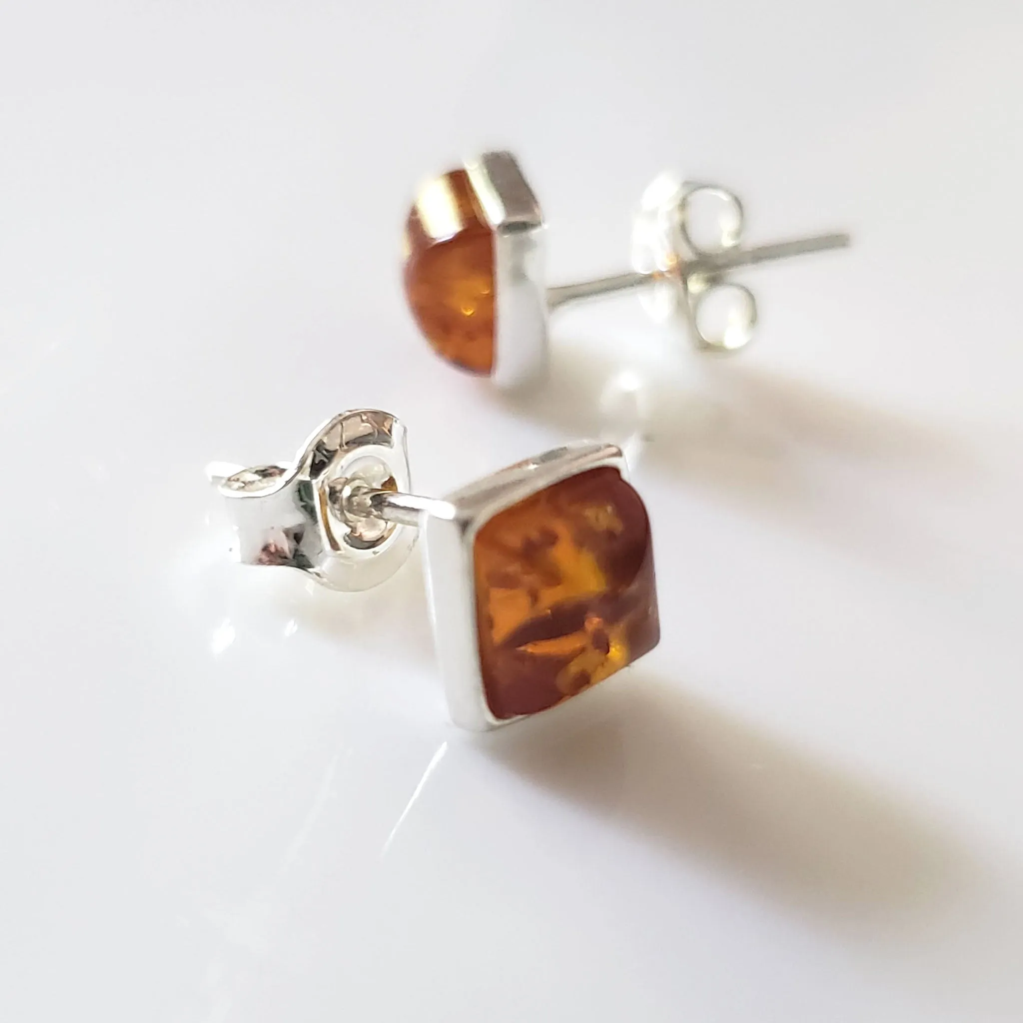 Natural Amber Square Small Stud Earrings in Sterling Silver
