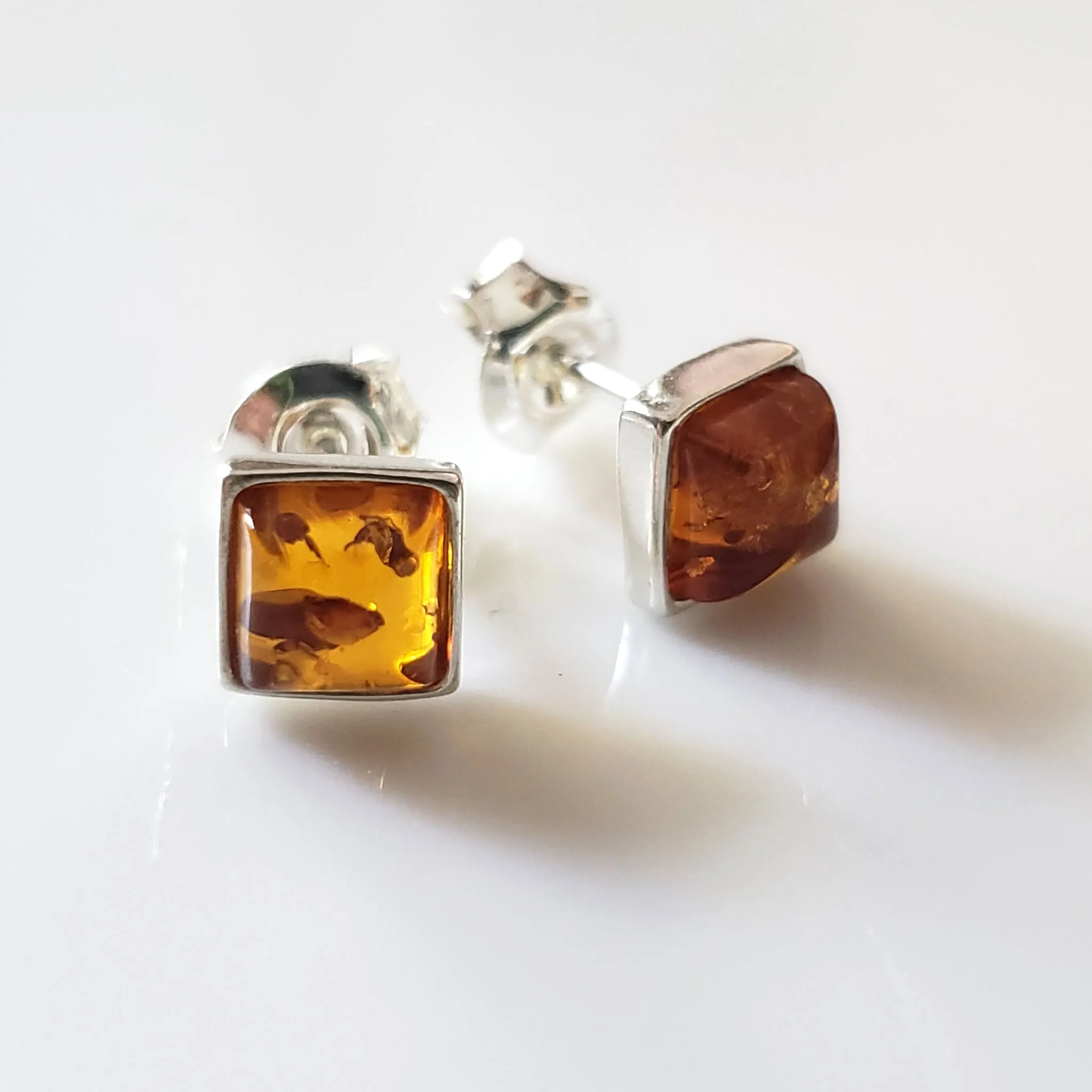 Natural Amber Square Small Stud Earrings in Sterling Silver