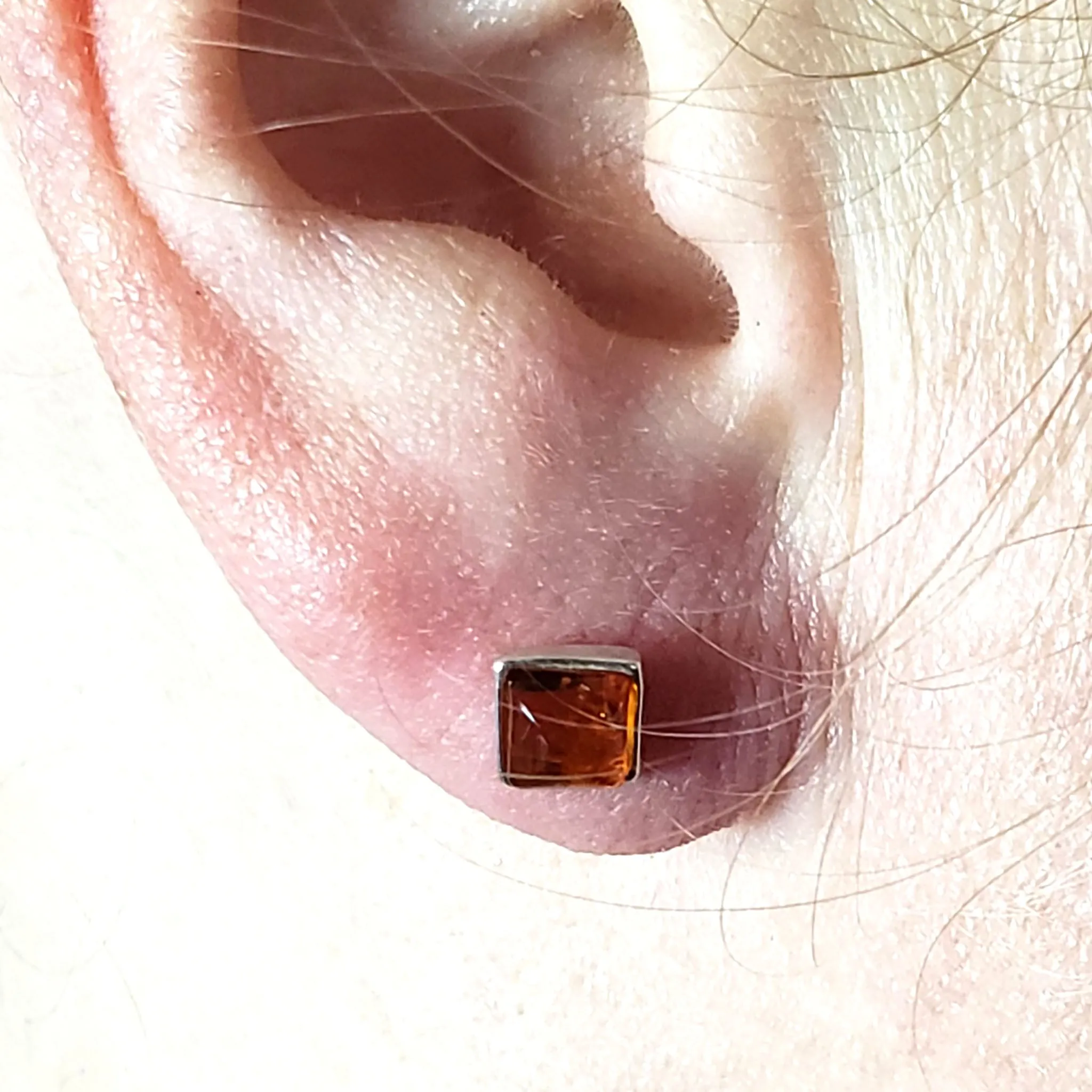 Natural Amber Square Small Stud Earrings in Sterling Silver