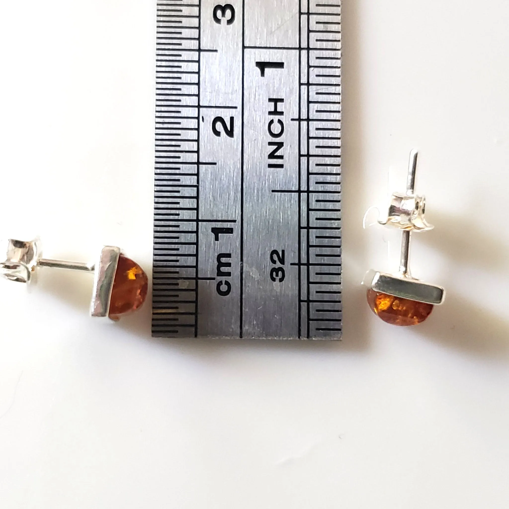 Natural Amber Square Small Stud Earrings in Sterling Silver
