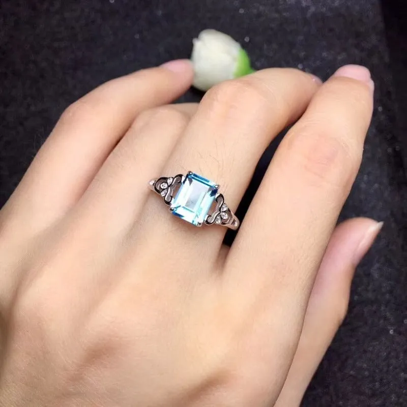 Natural Blue Aquamarine Ring Women Wedding Jewellery