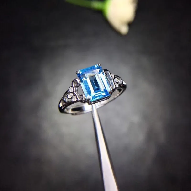 Natural Blue Aquamarine Ring Women Wedding Jewellery