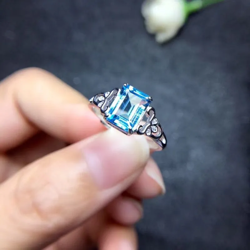 Natural Blue Aquamarine Ring Women Wedding Jewellery