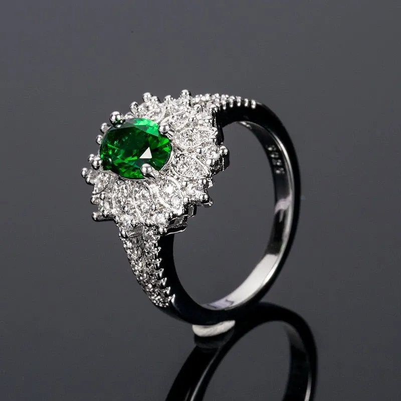 Natural Emerald Gemstone Ring 925 Silver Women's Wedding Jewelry