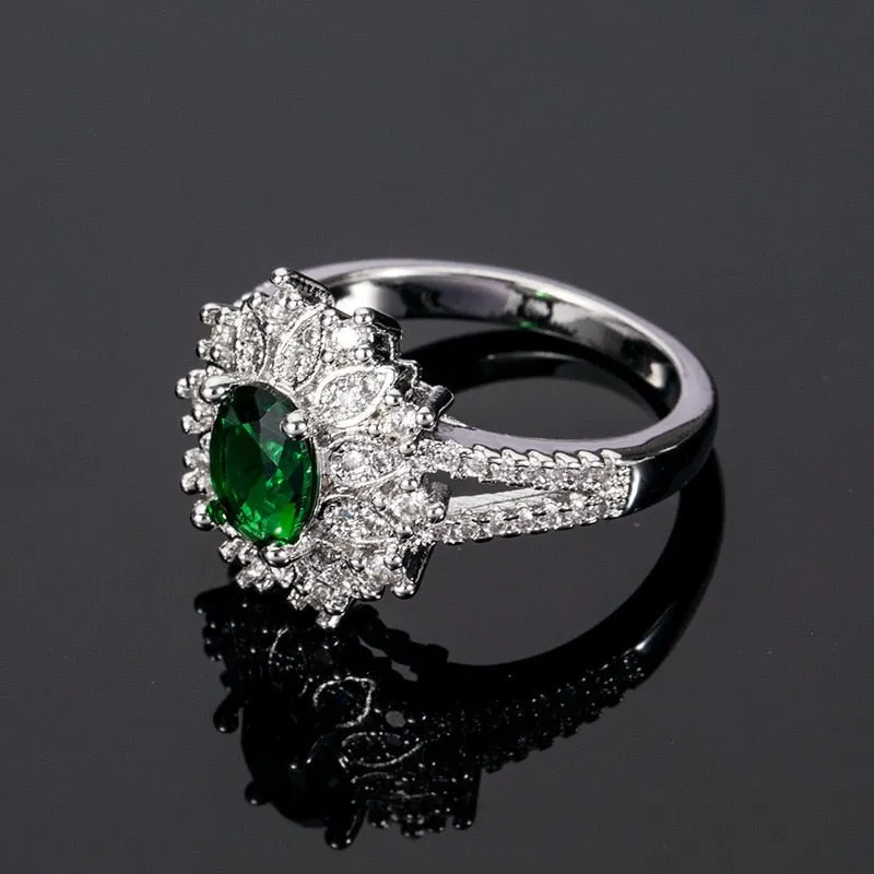 Natural Emerald Gemstone Ring 925 Silver Women's Wedding Jewelry