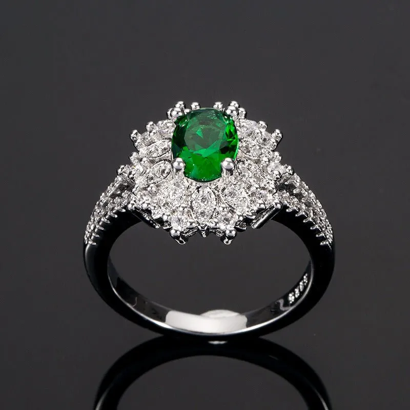 Natural Emerald Gemstone Ring 925 Silver Women's Wedding Jewelry