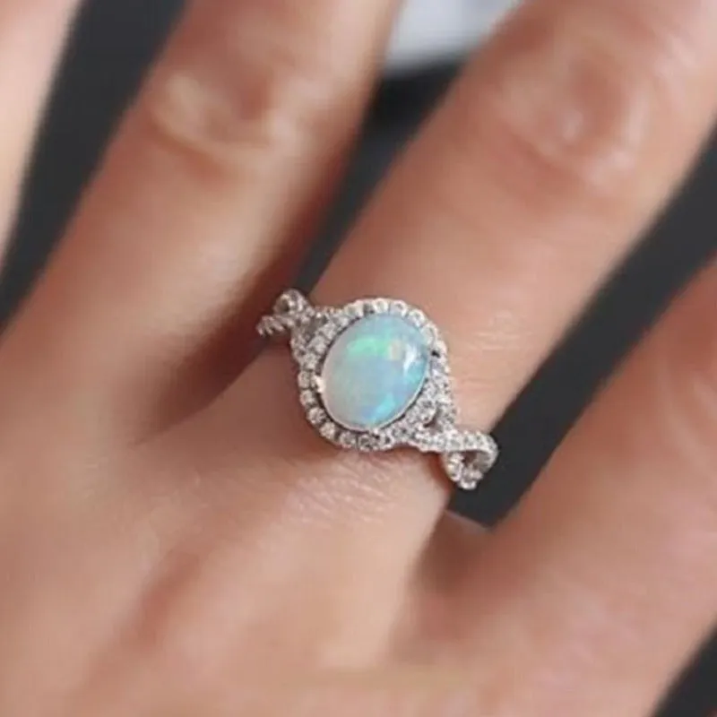 Natural Oval Opal Engagement Ring Women Wedding Fine Jewelry