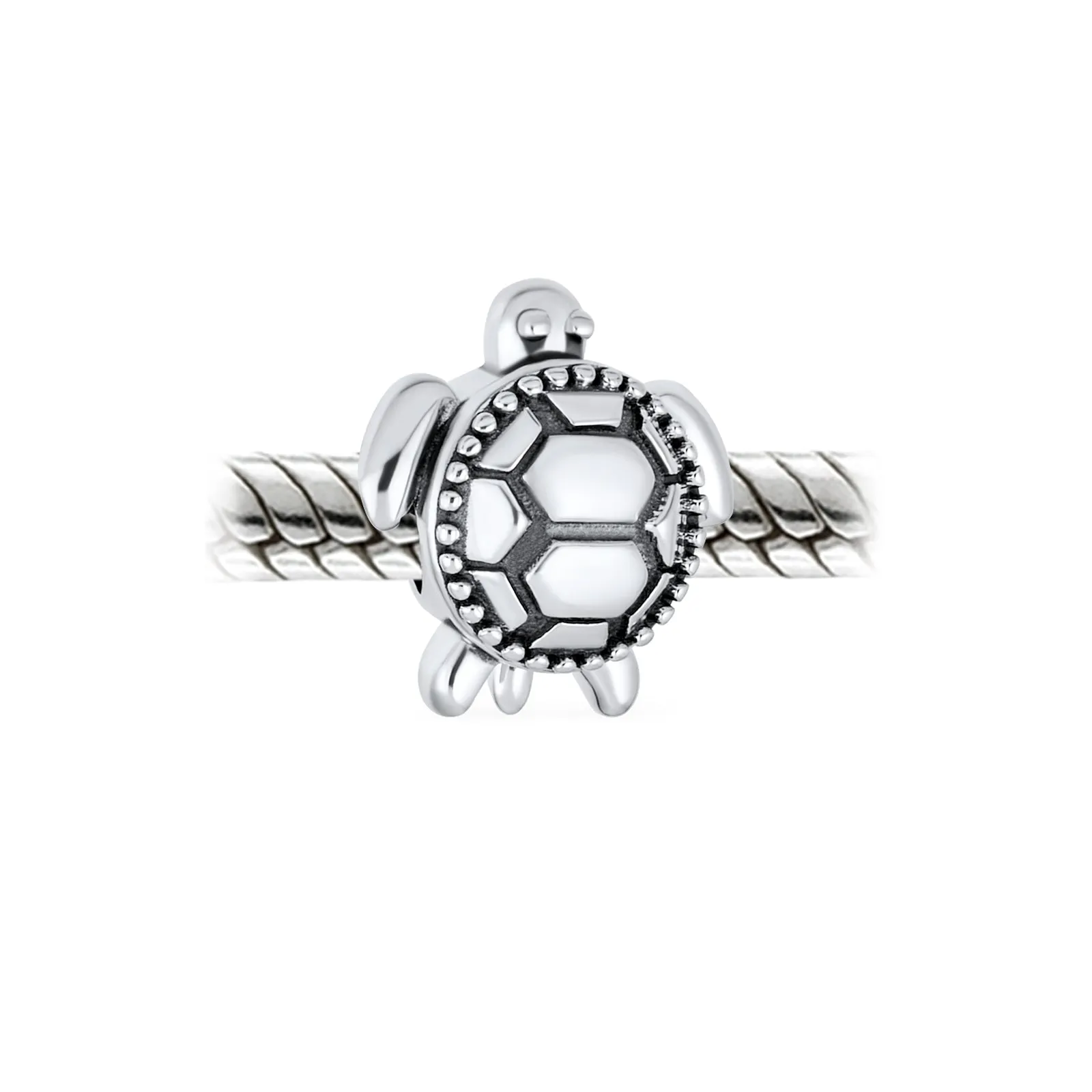 Nautical Sea Turtle Charm Bead Oxidized Sterling Silver for European Bracelets