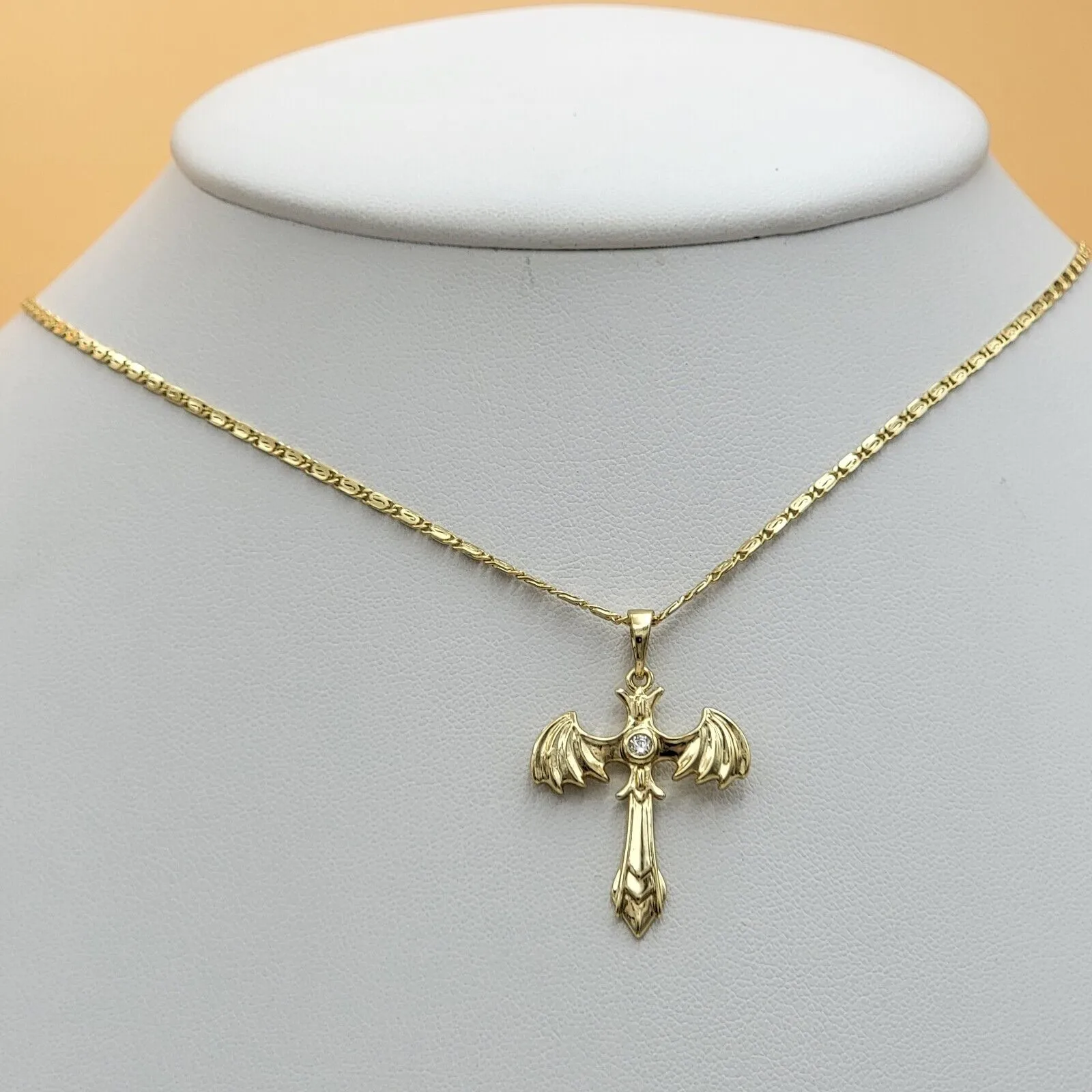 Necklaces - 14K Gold Plated. Cross with Wings Heart Angel Pendant & Chain.