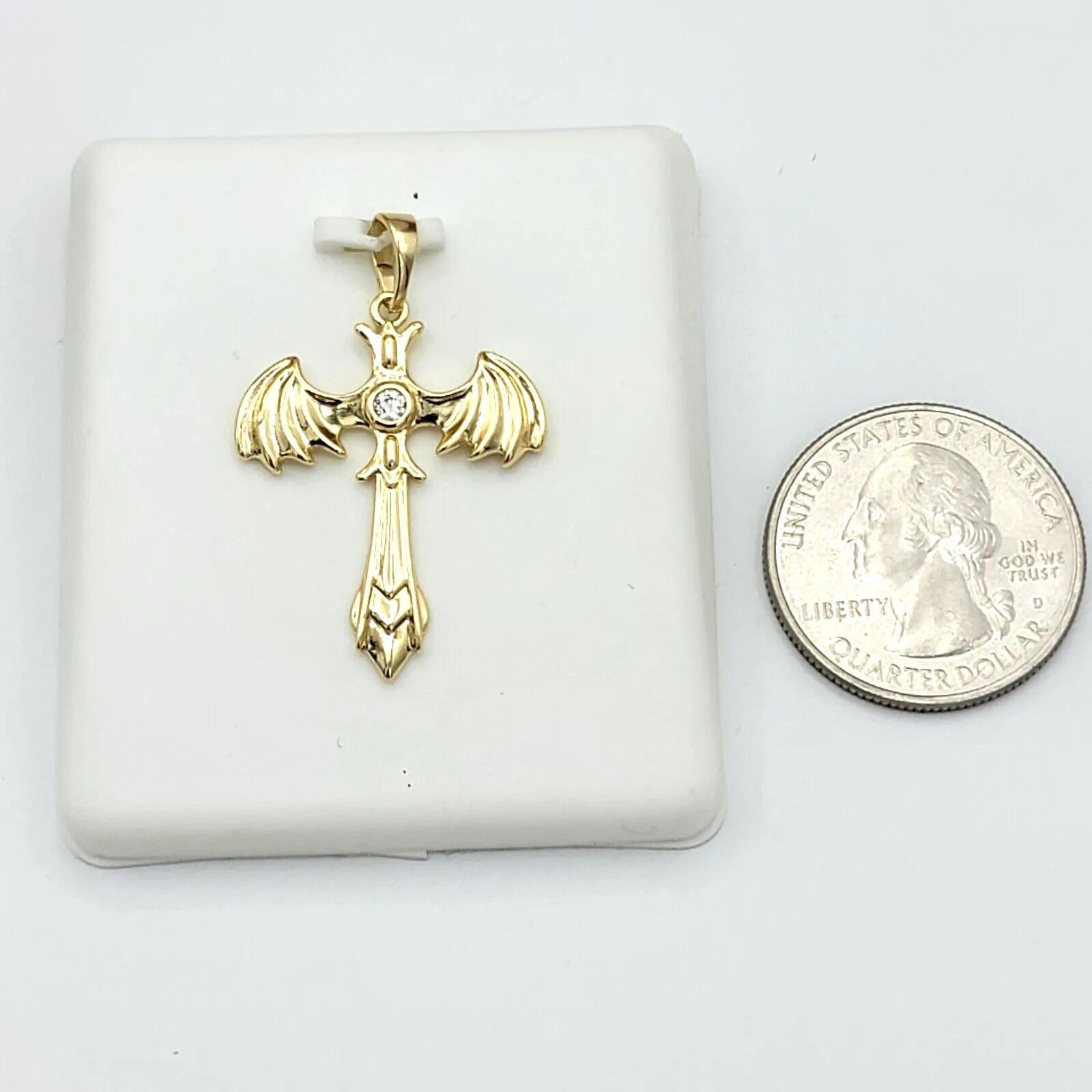 Necklaces - 14K Gold Plated. Cross with Wings Heart Angel Pendant & Chain.